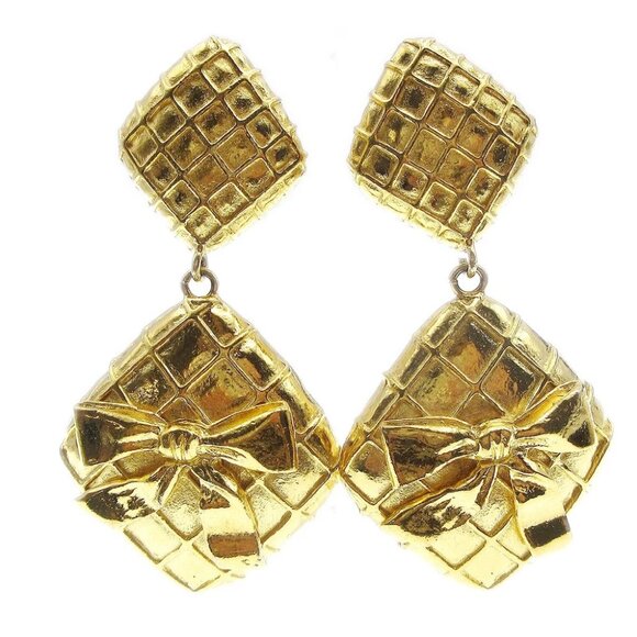 Chanel Quilted Bow Dangle Earrings Clip-On Gold 24312 - Picture 1 of 5